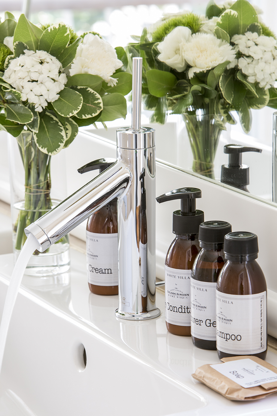 Amenities by the bathroom sink
