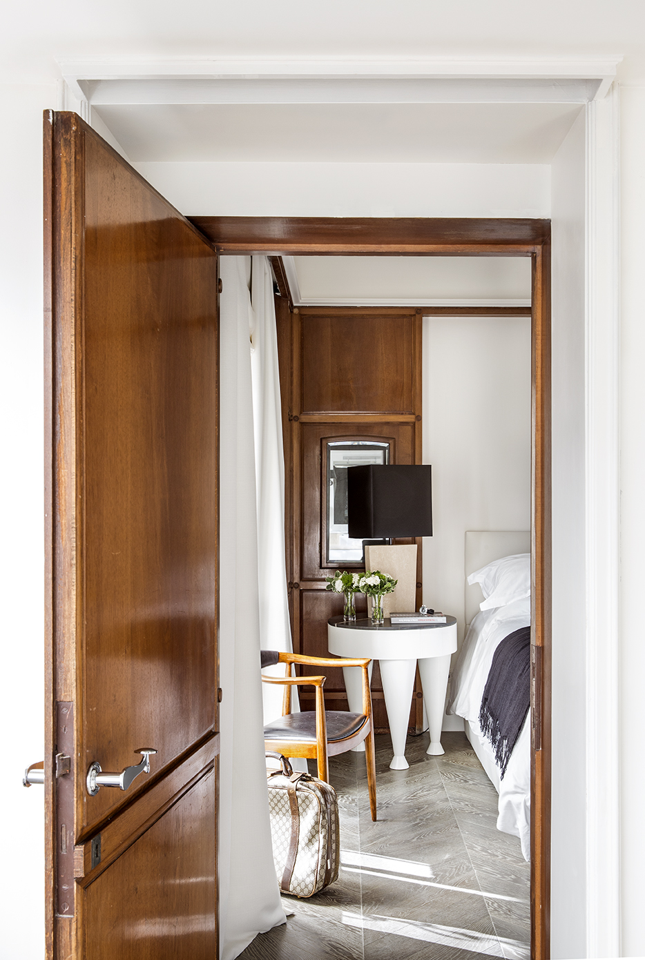 Doorway to the wood-paneled room